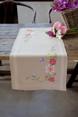 click here to view larger image of Pink Flowers and Butterflies Table Runner (stamped cross stitch kit)
