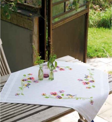 click here to view larger image of Little Birds and Pansies Tablecloth (stamped cross stitch kit)
