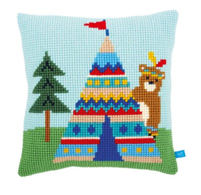 click here to view larger image of Bear and Teepee Cushion (needlepoint)