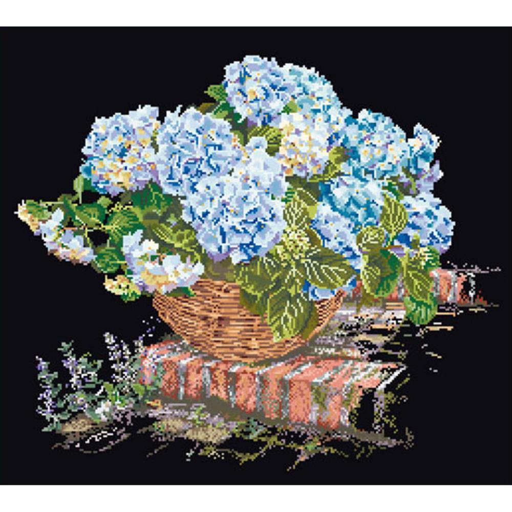 click here to view larger image of Blue Hydrangea In Basket -18CT  Black Aida (counted cross stitch kit)