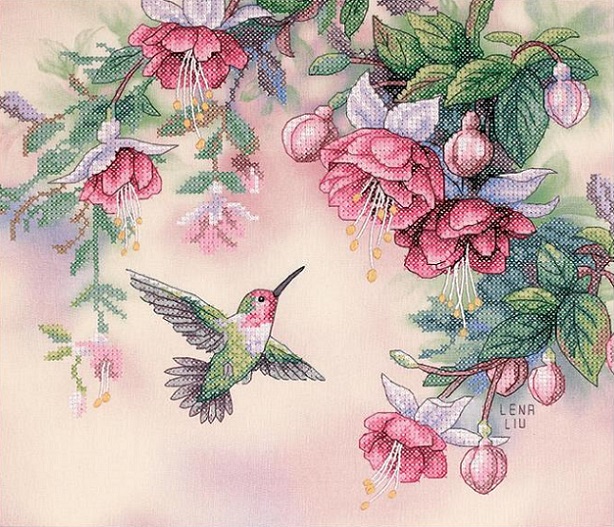 click here to view larger image of Hummingbird & Fuchsias (stamped cross stitch kit)
