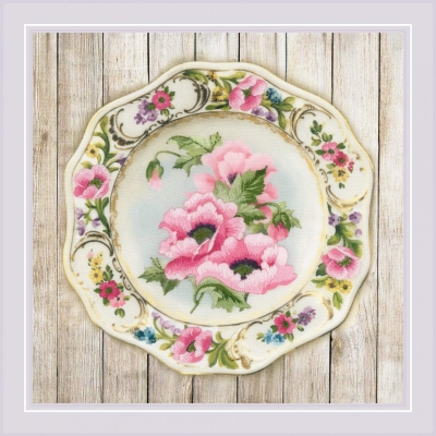 click here to view larger image of Plate with Pink Poppies (stamped cross stitch kit)