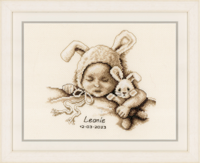 click here to view larger image of Baby and Cuddly Rabbit Birth Announcement (counted cross stitch kit)