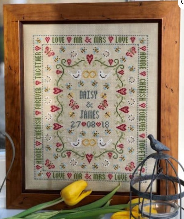 click here to view larger image of Bee Wedding Sampler KIT - 32ct Linen (counted cross stitch kit)