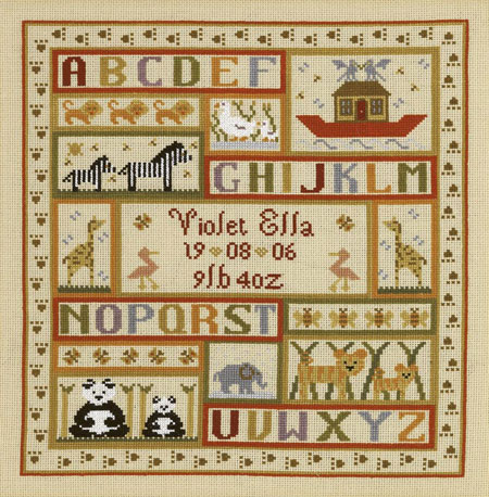 click here to view larger image of Animal Patchwork Birth Sampler (KIT) - 16ct Aida (counted cross stitch kit)