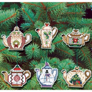 click here to view larger image of Christmas Teapot Ornaments -  Set of 6 (counted cross stitch kit)