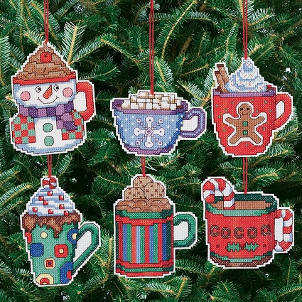 click here to view larger image of Cocoa Mug Ornaments - Set of 6 (counted cross stitch kit)