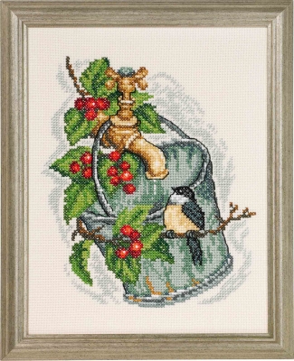 click here to view larger image of Bucket w/Chickadee and Holly (counted cross stitch kit)