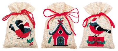 click here to view larger image of Christmas Bird and House Bags (set of 3) (counted cross stitch kit)