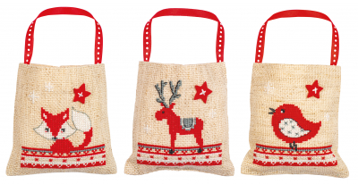 click here to view larger image of Christmas Animals- Set of 3 Bags (counted cross stitch kit)