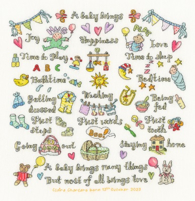 click here to view larger image of Baby Brings Many Things, A (counted cross stitch kit)