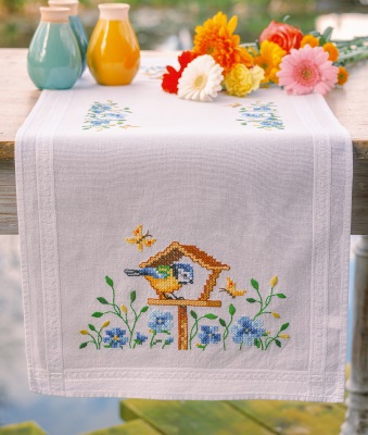 click here to view larger image of Birdhouses Table Runner (stamped cross stitch kit)